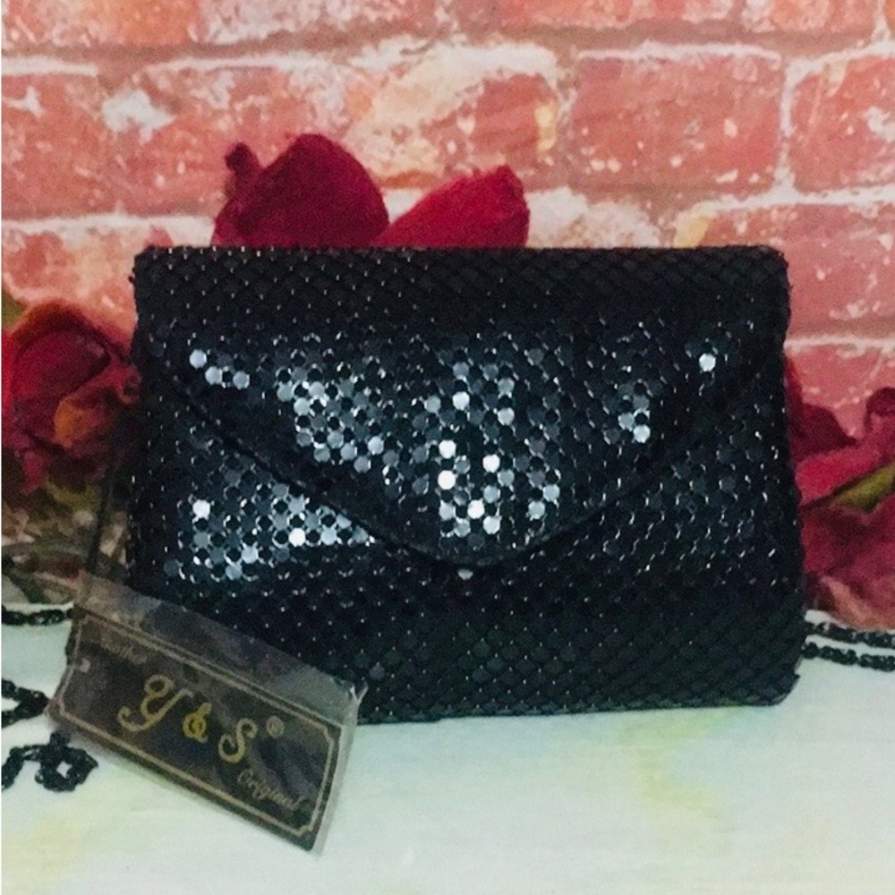 Vintage 80s Y&S Black Sequin Chain Mail Evening Crossbody Bag